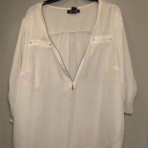 Sheer Half Zippered Adjustable Sleeve Blouse